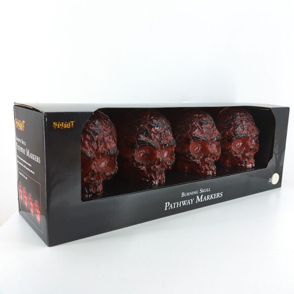 Spirit Halloween Burning Skull Pathway Markers Glow LED Light Up 4 PC Stakes NEW - Picture 1 of 8